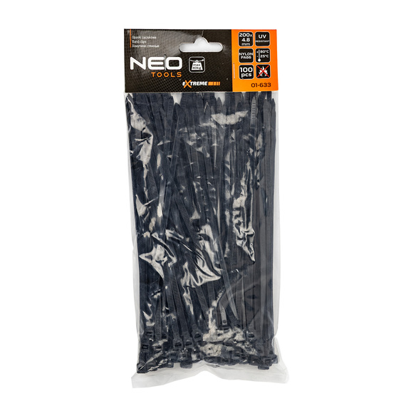 Opaski zaciskowe, zipki NEO-Tools Extreme 4,8 x 200 mm, 100 szt., czarne