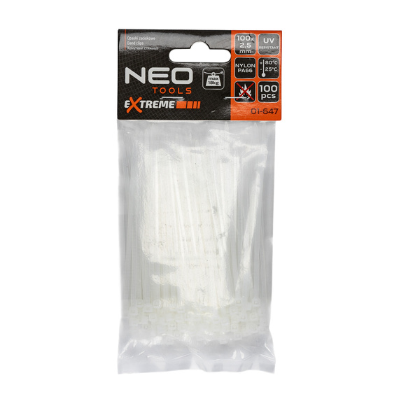 Opaski zaciskowe, zipki NEO-Tools Extreme 2.5 x 100 mm, 100 szt., białe