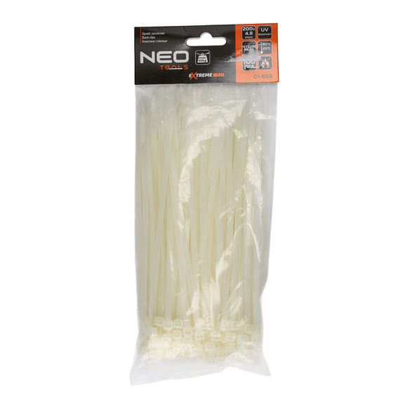 Opaski zaciskowe, zipki NEO-Tools Extreme 4,8 x 200 mm, 100 szt., białe