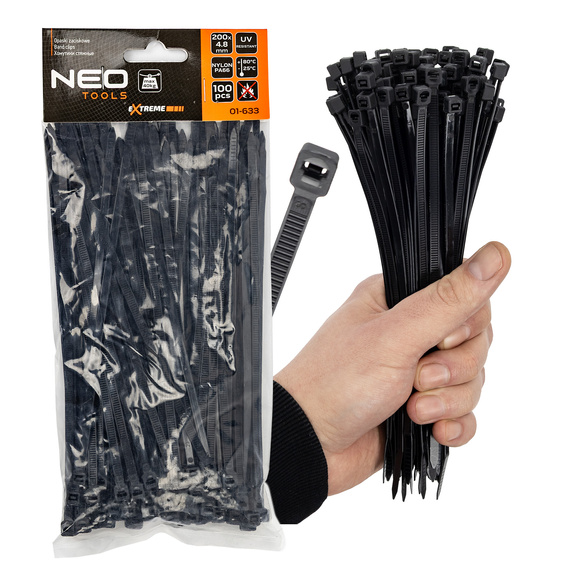 Opaski zaciskowe, zipki NEO-Tools Extreme 4,8 x 200 mm, 100 szt., czarne