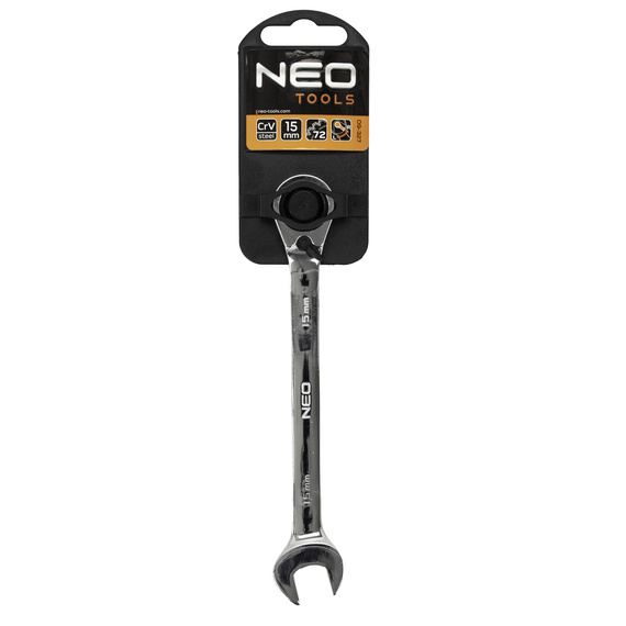 Klucz płasko-oczkowy Neo Tools, z grzechotką i przełącznikiem, 15 mm