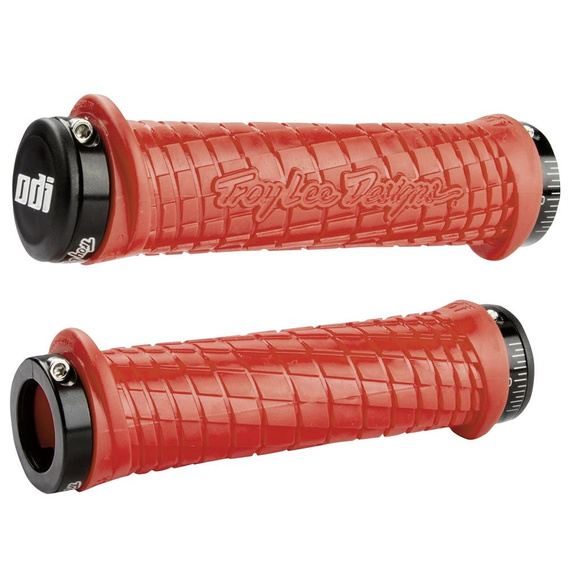 Chwyty przykręcane MTB ODI Troy Lee Designs, Lock-On czerwone, czarne obejmy, 130mm