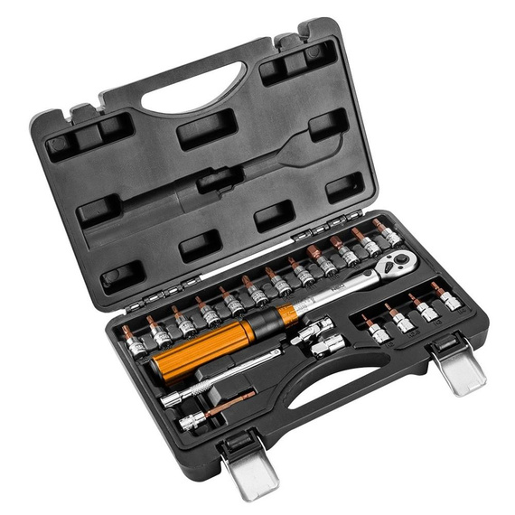 Klucz dynamometryczny dwukierunkowy NEO Tools 1/4", 5-25Nm, zestaw 21 elem.