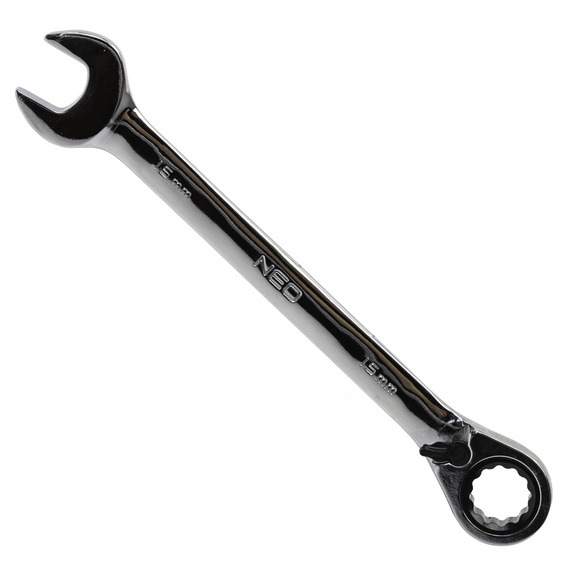 Klucz płasko-oczkowy Neo Tools, z grzechotką i przełącznikiem, 15 mm