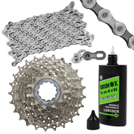Zestaw Kaseta rowerowa Shimano CS-HG400 9-rzędowa + Łańcuch KMC X9.93 ze spinką + Olej Top Kett 100 ml