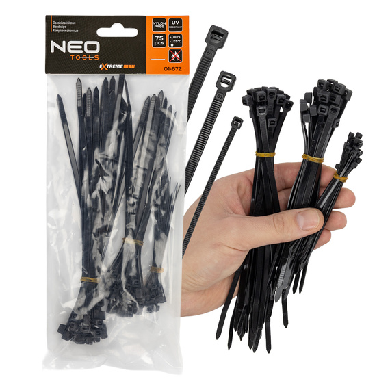 Opaski zaciskowe NEO-Tools Extreme MIX 2,5x100 mm - 4,4x120 mm - 4,8x200 mm, 75 szt., czarne