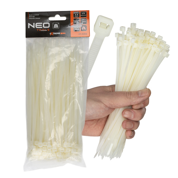 Opaski zaciskowe, zipki NEO-Tools Extreme 4,8 x 200 mm, 100 szt., białe