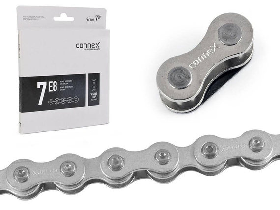 Łańcuch Connex 7E8 do E-Bike, 7,6,5-rzędowy 124 ogniwa, niklowany, wzmocniony.
