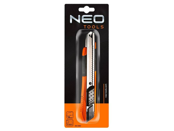 Nóż z ostrzem łamanym Neo Tools 18 mm, gumowane wykończenie
