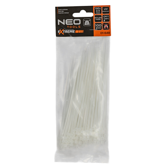 Opaski zaciskowe, zipki NEO-Tools Extreme 2.5 x 150 mm, 100 szt., białe