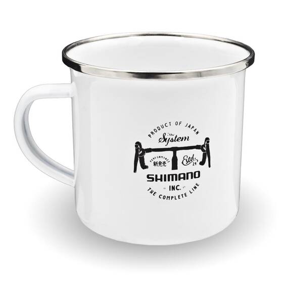 Emaliowany kubek metalowy z logo Shimano, biały, czarne logo