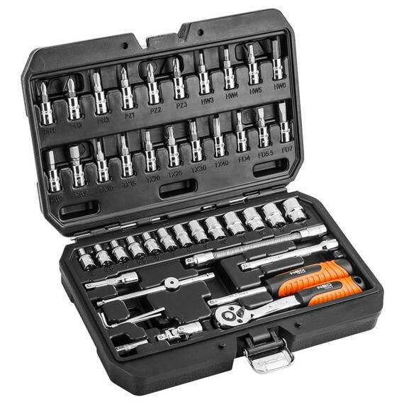 Klucze nasadowe NEO Tools 1/4", CR-V, zestaw 46 elementów 