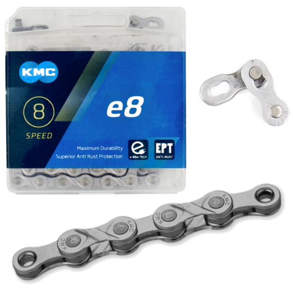 Łańcuch KMC e8 EPT, E-Bike, 1/2" x 3/32", 122 ogniwa, 7,3 mm, 8-biegów