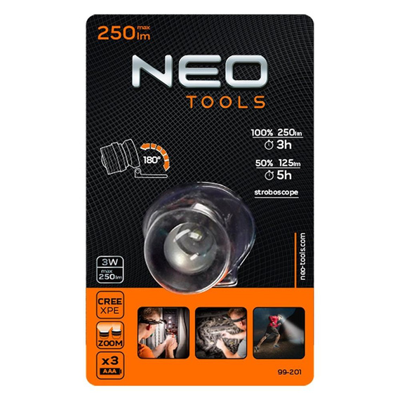 Latarka czołowa Neo Tools, 250 lm, zoom, dioda CREE XPE, 3xAAA