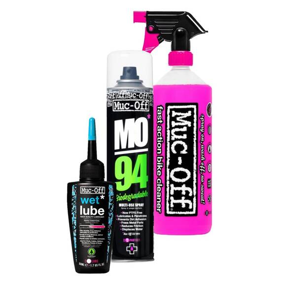 Zestaw do czyszczenia i konserwacji Muc-Off Wash, Protect and Lube Kit.