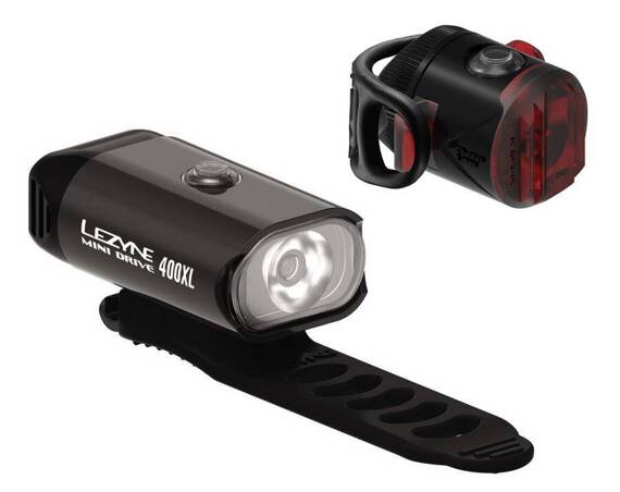 Zestaw lampek Lezyne Mini Drive 400 lumenów, przód; Femto Drive USB 5 lumenów tył